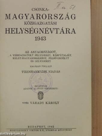 Csonka-Magyarország közigazgatási helységnévtára 1943.