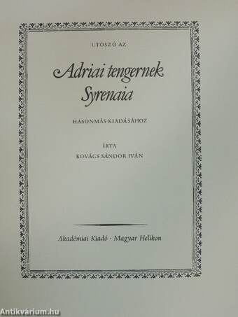 Adriai tengernek Syrenaia (facsimile)/Utószó az Adriai tengernek Syrenaia hasonmás kiadásához