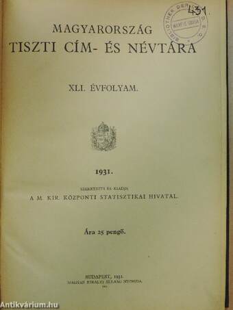 Magyarország tiszti cím- és névtára 1931.