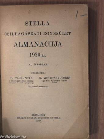 Stella Csillagászati Egyesület Almanachja 1930-ra