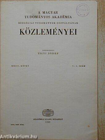 A Magyar Tudományos Akadémia Biológiai Tudományok Osztályának Közleményei XXIII. kötet 3-4. szám