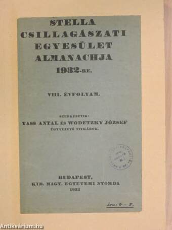 Stella Csillagászati Egyesület Almanachja 1932-re