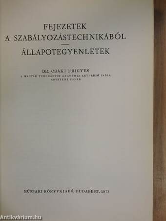 Fejezetek a szabályozástechnikából/Állapotegyenletek