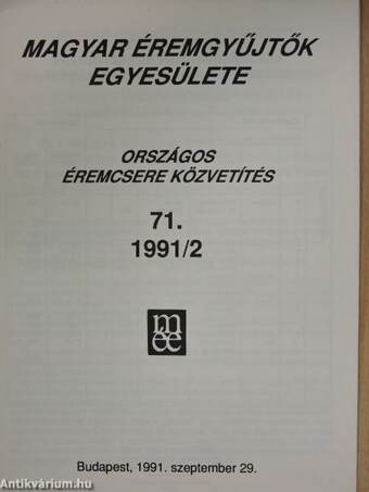 Magyar Éremgyűjtők Egyesülete Országos éremcsere közvetítés 1991/2