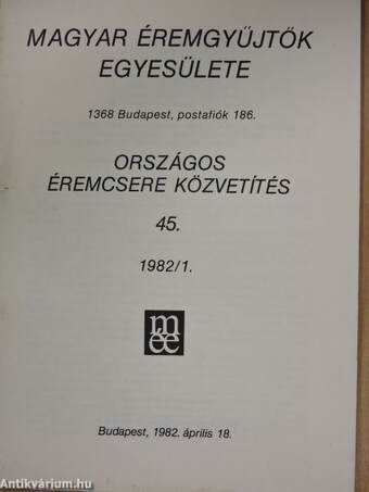 Magyar Éremgyűjtők Egyesülete Országos éremcsere közvetítés 1982/1