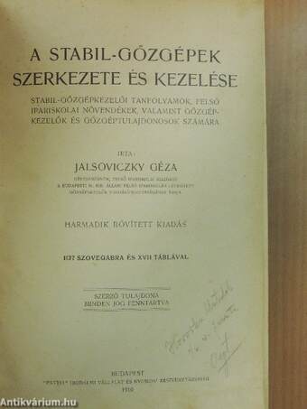 A stabil-gőzgépek szerkezete és kezelése I-II.