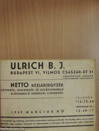 Ulrich B. J. Netto kéziárjegyzék 1939. március