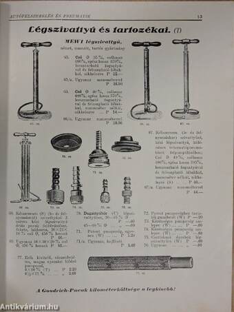 Szilárd autófelszerelés és pneumatik árjegyzék 1929.