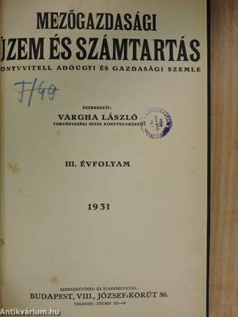 Mezőgazdasági üzem és számtartás 1931.