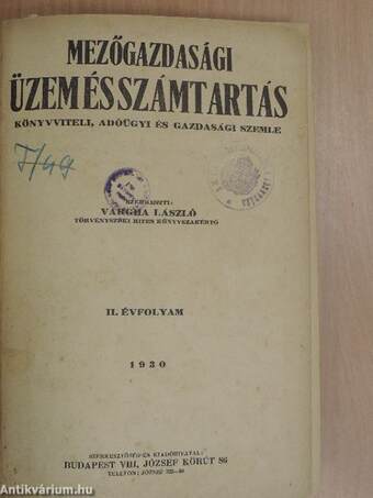 Mezőgazdasági üzem és számtartás 1930.