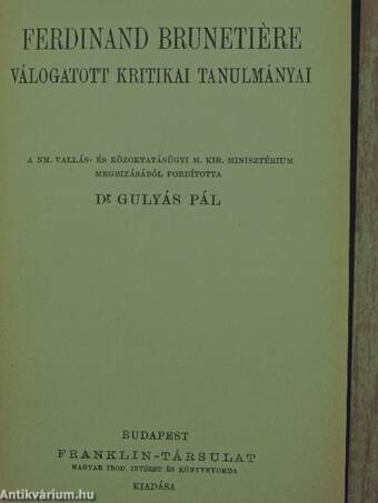 Ferdinand Brunetiére válogatott kritikai tanulmányai