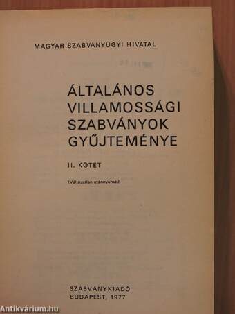 Általános villamossági szabványok gyűjteménye II. (töredék)