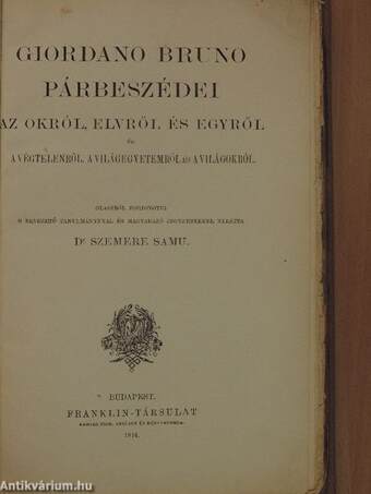 Giordano Bruno párbeszédei az Okról, Elvről és Egyről és a Végtelenről, a Világegyetemről és a Világokról