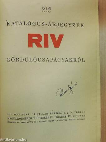 514 számú katalógus-árjegyzék RIV gördülőcsapágyakról