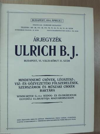 Ulrich B. J. cső-árjegyzék Budapest, 1914. április 1.