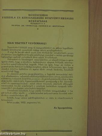 A békéscsabai Faiskola és Kertgazdaság Részvénytársaság árjegyzéke 1930. ősz-1931. tavasz