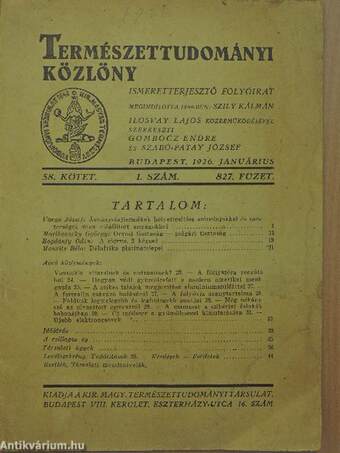 Természettudományi Közlöny 1926. január-december/Pótfüzetek a Természettudományi Közlönyhöz 1926. január-december