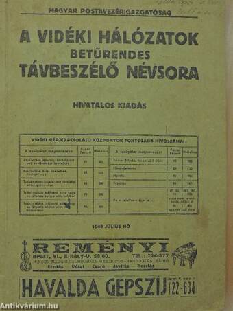 A vidéki hálózatok betűrendes távbeszélő névsora 1946. július hó