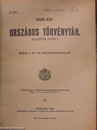1935. évi Országos Törvénytár január 15-december 29.