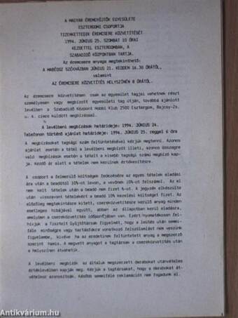 Magyar Éremgyűjtők Egyesülete Esztergomi Csoportja XII. Országos Éremcsere Közvetítés 1994. június 25.