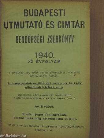 Budapesti utmutató és cimtár 1940.