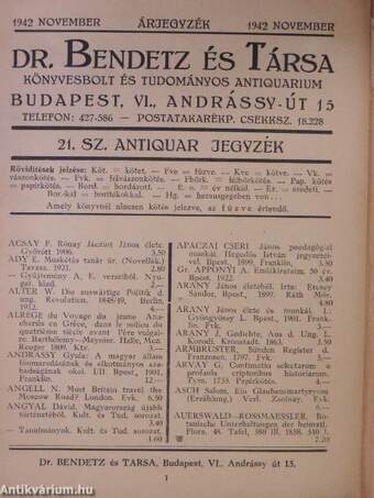 Dr. Bendetz és Társa Könyvesbolt és Tudományos Antiquarium 21. sz antiquar jegyzék