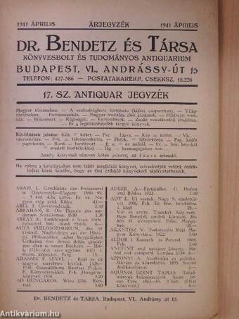 Dr. Bendetz és Társa Könyvesbolt és Tudományos Antiquarium 17. sz antiquar jegyzék