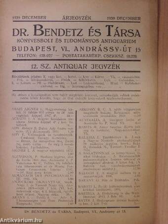 Dr. Bendetz és Társa Könyvesbolt és Tudományos Antiquarium 12. sz antiquar jegyzék