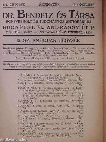 Dr. Bendetz és Társa Könyvesbolt és Tudományos Antiquarium 15. sz antiquar jegyzék