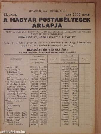 A magyar postabélyegek árlapja 1946. február 10.