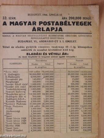 A magyar postabélyegek árlapja 1946. április 13.