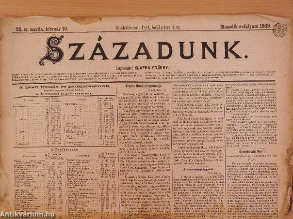 Századunk 1869. (nem teljes évfolyam) (rossz állapotú)