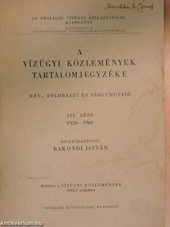 A vízügyi közlemények tartalomjegyzéke III.