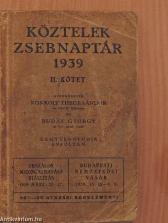 Köztelek Zsebnaptár 1939/II. (töredék)