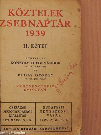 Köztelek Zsebnaptár 1939/II. (töredék)