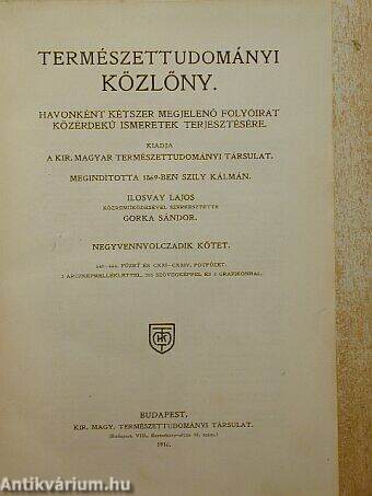 Természettudományi Közlöny 1917. január-december/Pótfüzetek a Természettudományi Közlönyhöz 1917. január-december