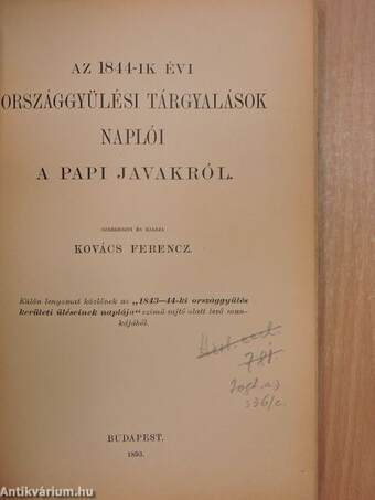 Az 1844-ik évi országgyülési tárgyalások naplói a papi javakról