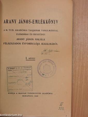 Arany János-emlékkönyv I.