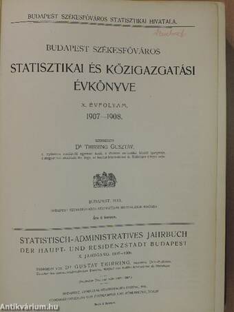 Budapest székesfőváros Statisztikai és Közigazgatási Évkönyve 1907-1908.