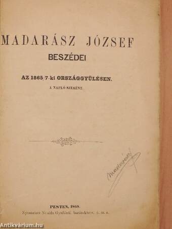 Madarász József beszédei az 1865/7-ki országgyülésen