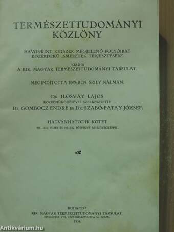 Természettudományi Közlöny 1934. január-december/Pótfüzetek a Természettudományi Közlönyhöz 1934. január-december