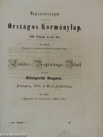 Magyarországot illető Országos Kormánylap 1858.