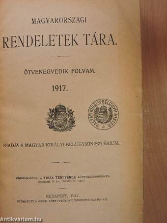 Magyarországi rendeletek tára 1917. I.