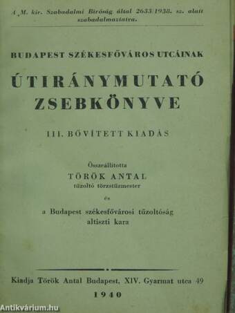 Budapest székesfőváros utcáinak útiránymutató zsebkönyve 1940.