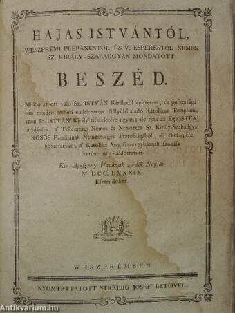 Egyházi beszéd/Rede bey Gelegenheit der doppelten Jubelfeyer/Beszéd