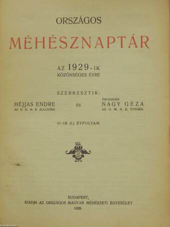 Országos Méhésznaptár az 1929-ik évre