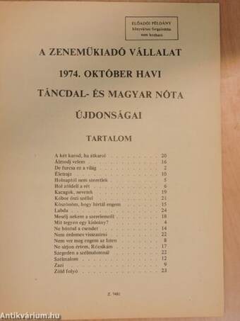 A Zeneműkiadó Vállalat 1974. október havi táncdal- és magyar nóta újdonságai