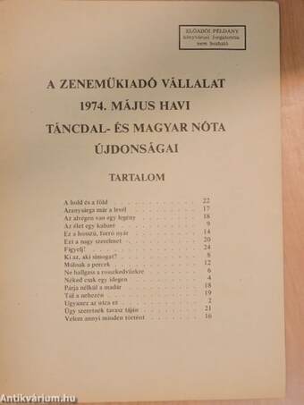 A Zeneműkiadó Vállalat 1974. május havi táncdal- és magyar nóta újdonságai