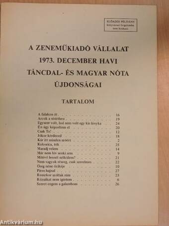 A Zeneműkiadó Vállalat 1973. december havi táncdal- és magyar nóta újdonságai