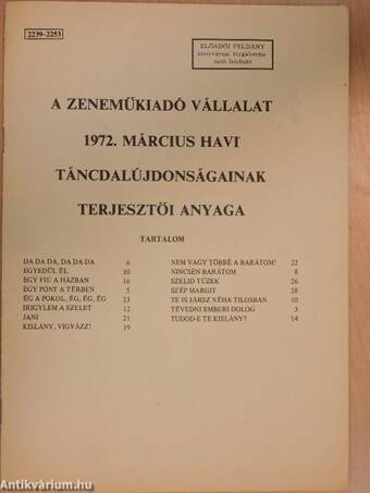 A Zeneműkiadó Vállalat 1972. március havi táncdalújdonságainak terjesztői anyaga